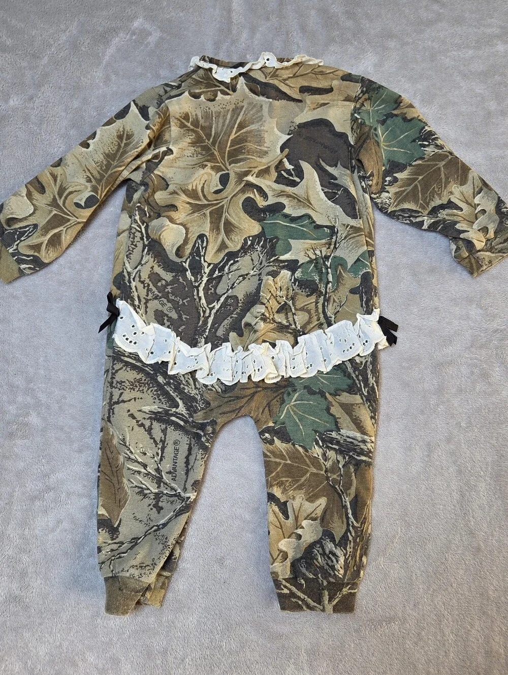 Vintage Jordan Lee Originals Baby Camo Sleeper Romper Made in USA Ruffle Collar
